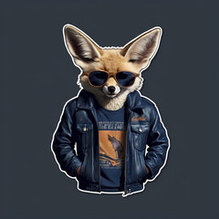 “A fennec fox wearing a leather jacket and retro sunglasses, cute and cool style, transparent background, dark navy blue background, for POD t-shirt