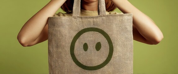Woman Holding Fabric Tote Bag With Smile Drawn On It For International Plastic Bag Free Day Against Green Mock Up Background