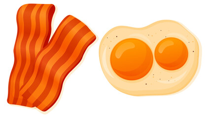 Vector cartoon image of juicy fried eggs and bacon. Element for your design. Food, breakfast and snack concept