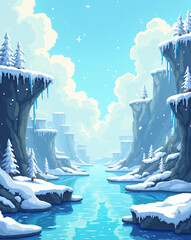  a retro-style pixel art winter level featuring icy platforms, slippery slopes, hanging icicles, and a pixelated frozen lake. Use a cool color scheme with light blues, whites, and frosty greys.