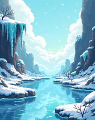  a retro-style pixel art winter level featuring icy platforms, slippery slopes, hanging icicles, and a pixelated frozen lake. Use a cool color scheme with light blues, whites, and frosty greys.