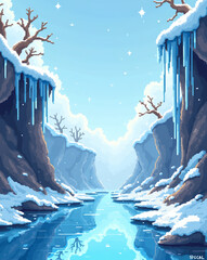  a retro-style pixel art winter level featuring icy platforms, slippery slopes, hanging icicles, and a pixelated frozen lake. Use a cool color scheme with light blues, whites, and frosty greys.