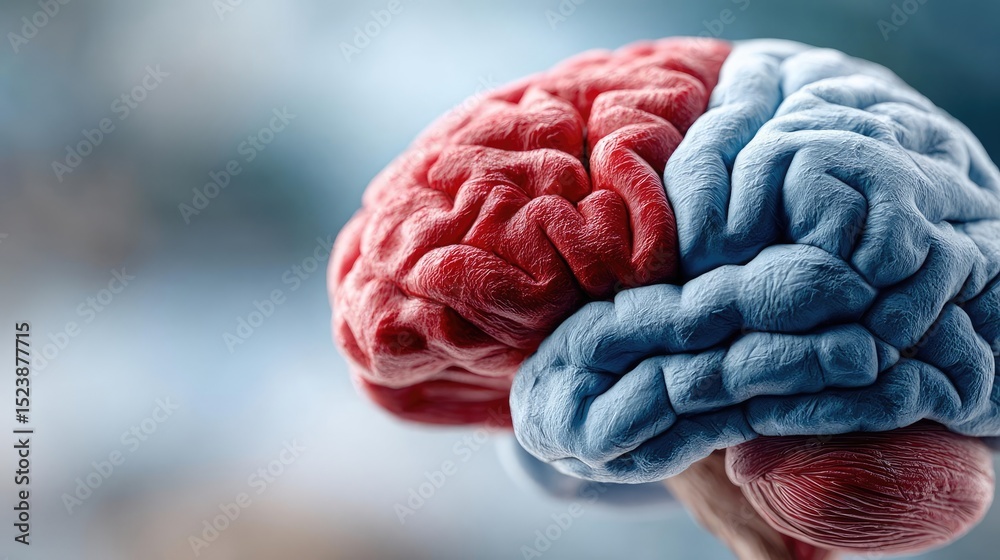 Poster Brain and emotion including fear and mental balance concept. Close-up of a human brain illustrating cognitive functions.