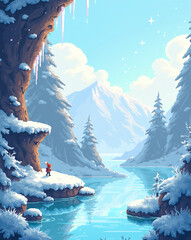  a retro-style pixel art winter level featuring icy platforms, slippery slopes, hanging icicles, and a pixelated frozen lake. Use a cool color scheme with light blues, whites, and frosty greys.