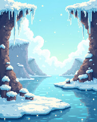  a retro-style pixel art winter level featuring icy platforms, slippery slopes, hanging icicles, and a pixelated frozen lake. Use a cool color scheme with light blues, whites, and frosty greys.