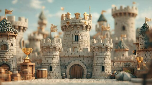 Miniature Stone Castle Model with Towers, Flags, Golden Trophies, and Wooden Barrels, Fantasy Kingdom Architecture, Medieval Theme, Toy Castle