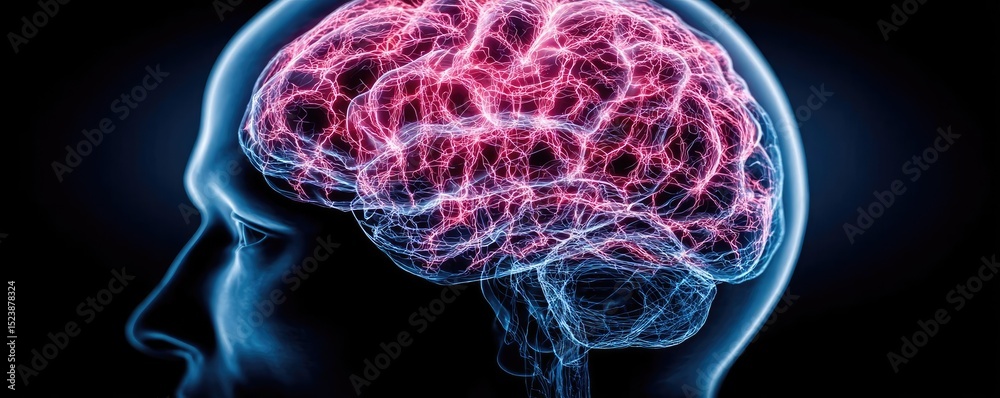 Poster Brain and emotion including fear and mental balance concept. Abstract visualization of a human brain with vibrant neural activity.