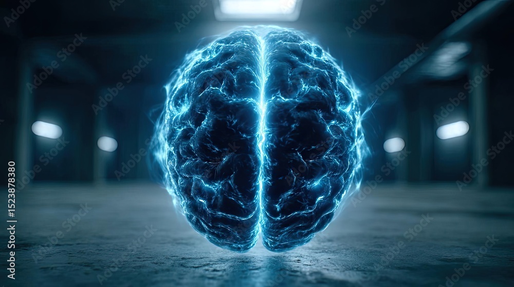 Poster brain and emotion including fear and mental balance concept. futuristic electric brain symbolizing a