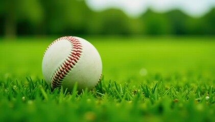 Baseball sitting alone on lush green grass in an open baseball field, baseball, outdoor, solo