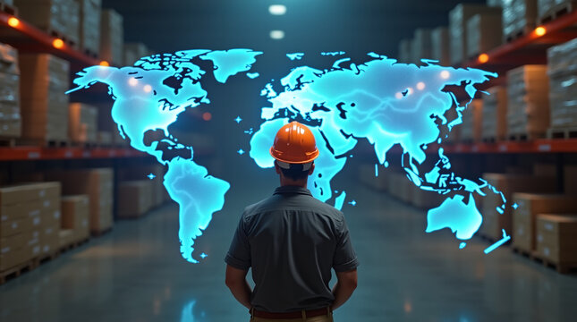 Photorealistic image of a worker in an orange hard hat from behind, looking at a large glowing transparent holographic world map with network lines, inside a warehouse filled with stacked boxes.