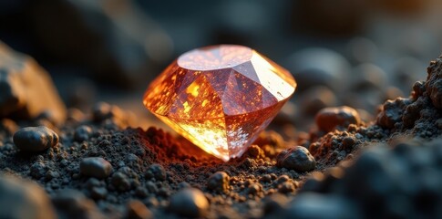Buried rough diamond uncovered by mining equipment, rubble, mining, gemstone