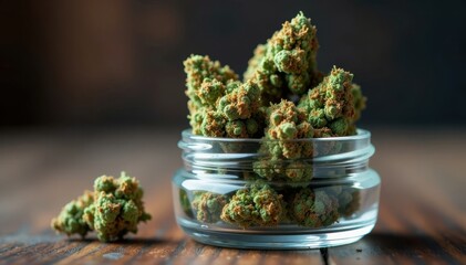 Cannabis buds stored in clear glass container, plant, pot, dry goods