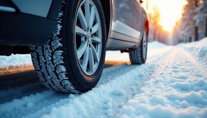 Car tires skidding on icy snow-covered road, warning sign for winter driving, slippery surfaces, snowy roads, caution signs