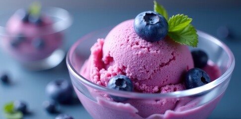 Close-up of blueberry ice cream in clear glass bowl with a few fresh blueberries on top, food photography, vibrant, ice cream