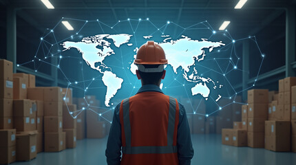 Photorealistic image of a worker in an orange hard hat from behind, looking at a large glowing transparent holographic world map with network lines, inside a warehouse filled with stacked boxes.