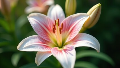 Close-up of a single white and pink lily flower with delicate golden center, beautiful, blooming, pure