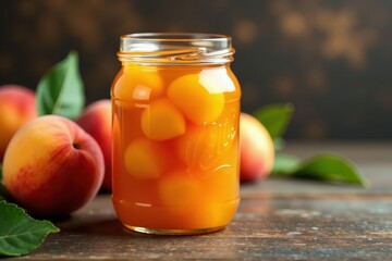 Close-up of canned peaches in a glass jar with sweet syrup dripping from the lid, syrupy liquid, canned peaches, fruit jar
