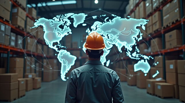 Photorealistic image of a worker in an orange hard hat from behind, looking at a large glowing transparent holographic world map with network lines, inside a warehouse filled with stacked boxes.