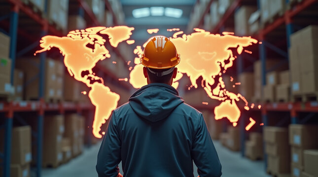 Photorealistic image of a worker in an orange hard hat from behind, looking at a large glowing transparent holographic world map with network lines, inside a warehouse filled with stacked boxes. - Powered by Adobe