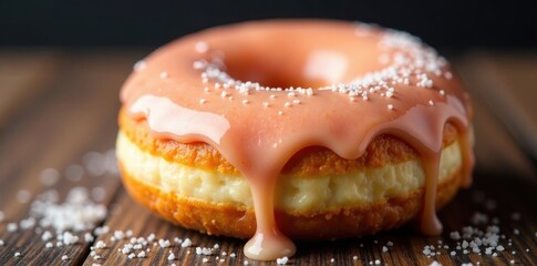 Close-up of glazed donut with sugar glaze dripping down, dessert, close-up, caramel