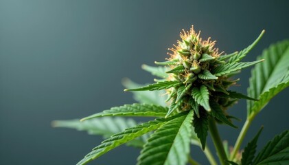 Close-up of hemp plant with sparkling crystal THC on gray background, plant, botanical, nature