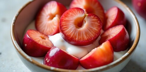 Close-up of juicy red plum halves in a bowl with creamy yogurt, food, bowl, yogurt