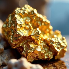 Close-up of golden ore nuggets with intricate crystals, golden ore, geode, natural wonders
