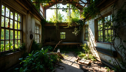 Sunlight streams through broken windows of an abandoned room, revealing nature reclaiming the space—perfect for themes of decay, renewal, or post-apocalyptic beauty