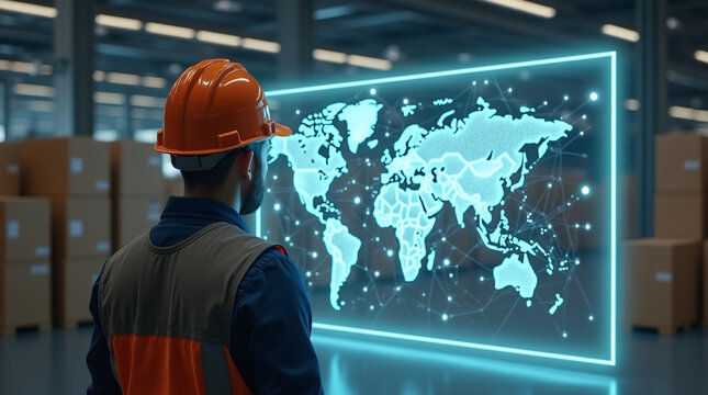 Photorealistic image of a worker in an orange hard hat from behind, looking at a large glowing transparent holographic world map with network lines, inside a warehouse filled with stacked boxes.
