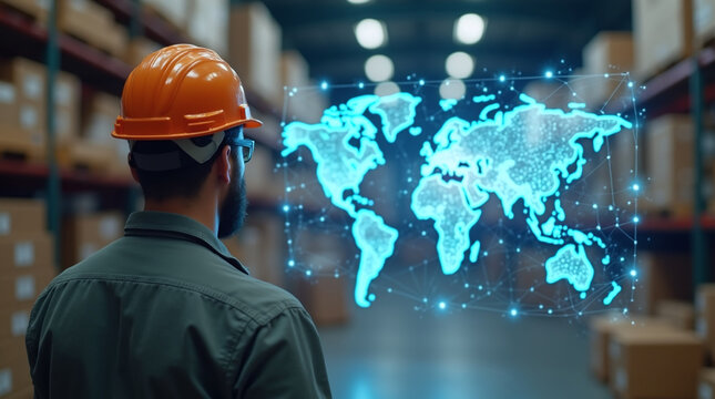 Photorealistic image of a worker in an orange hard hat from behind, looking at a large glowing transparent holographic world map with network lines, inside a warehouse filled with stacked boxes.