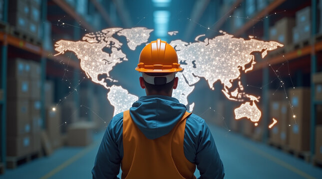 Photorealistic image of a worker in an orange hard hat from behind, looking at a large glowing transparent holographic world map with network lines, inside a warehouse filled with stacked boxes. - Powered by Adobe