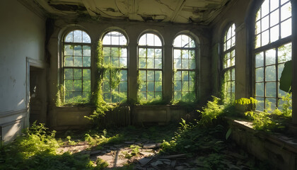 Sunlight streams through broken windows of an abandoned room, revealing nature reclaiming the space—perfect for themes of decay, renewal, or post-apocalyptic beauty