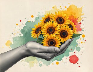 Una mano humana en blanco y negro, sosteniendo girasoles amarillos vibrantes sobre salpicaduras de verde y rojo sobre un fondo claro, simbolizando el esfuerzo por preservar el planeta
