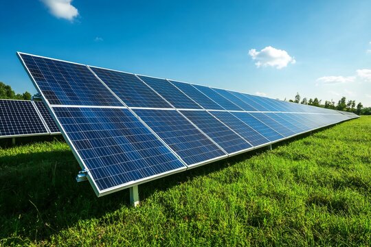Solar Panels in a Vast Field Reflecting Clear Sky, Symbolizing Renewable Energy and Eco-Friendly Technology
