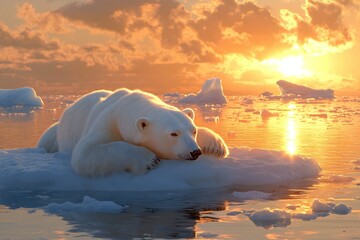 Polar Bear Resting on Ice Floe with Arctic Sunset and Distant Icebergs