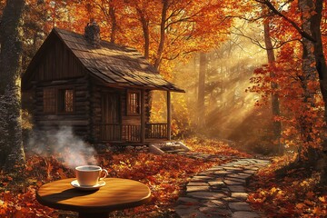 Rustic Wooden Cabin in Autumn Forest with Colorful Leaves and Warm Sunlight