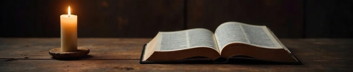 Fototapeta premium A single candle burns brightly on a worn wooden table, Bible open nearby, suggesting solitude and faith A sense of peace and quiet contemplation pervades the scene , domestic, reflection