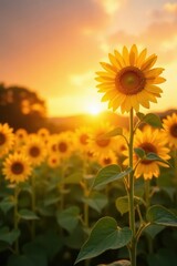 Golden hour sunlight bathes tall sunflowers, vibrant sunset hues , botany, scenic