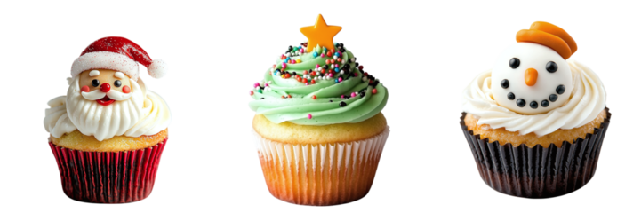 Set of cute cupcakes with cream and New Year's decorations isolated on transparent background PNG