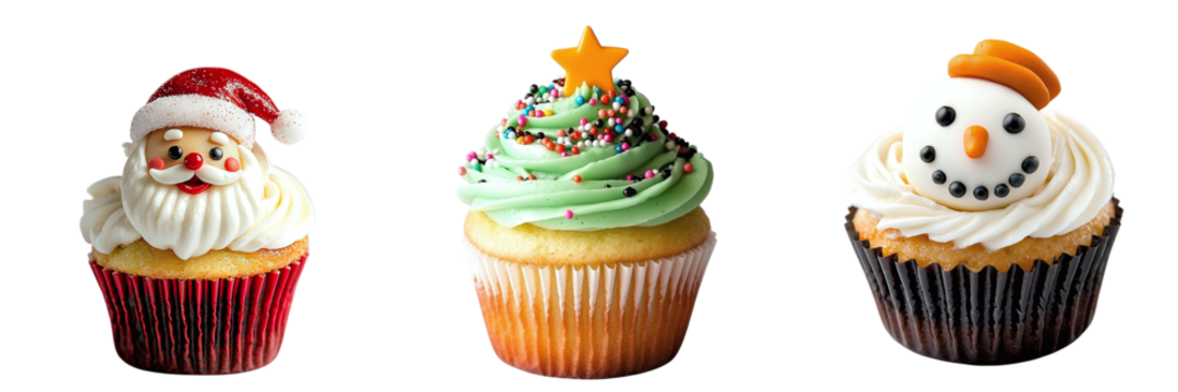 Set of cute cupcakes with cream and New Year's decorations isolated on transparent background PNG - Powered by Adobe