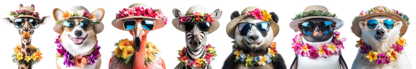Set of different animals in Hawaiian wreath and sunglasses isolated on transparent background PNG. Dog, flamingo, panda, penguin, zebra, giraffe, bear