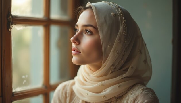 Thoughtful woman in a hijab gazing out a window