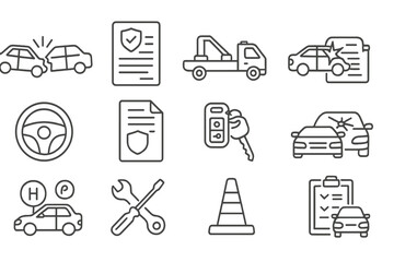 Car insurance and repair icons: safety, coverage, maintenance, repair, claims