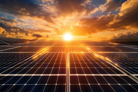 Solar Panels Absorbing Sunlight with Glowing Energy Lines and Bright Sun in the Background