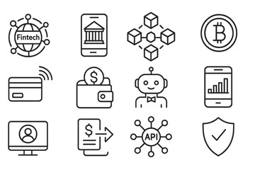 Fintech icons: blockchain, cryptocurrency, digital wallet, mobile banking