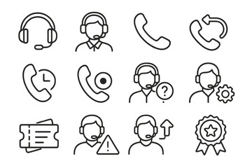 Call center icon set with headset, phone, support symbols on gray background