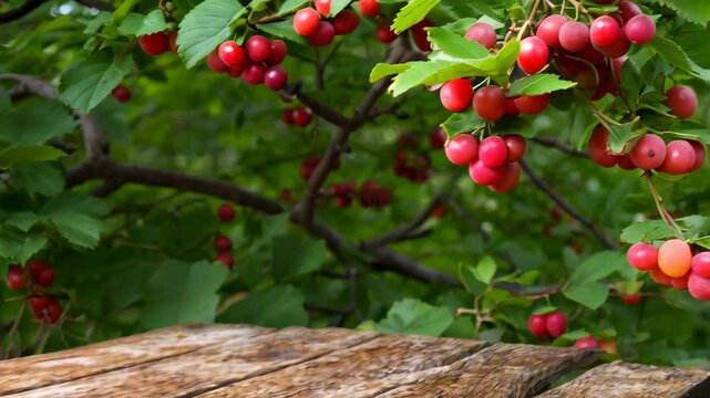 A jar of cranberry jam on a wooden table next to a red cherry on a tree branch.