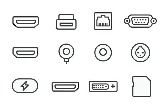 Set of various electronic connectors and ports icons on gradient background