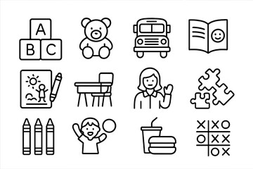 School icons set with abc blocks, teddy bear, school bus, puzzle, desk, and teacher