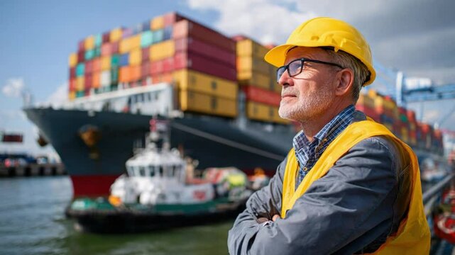 Harbor Foreman at Work: An experienced harbor foreman, clad in a yellow safety helmet and vest, stands confidently with arms crossed in front of a container ship, exuding authority and experience. 